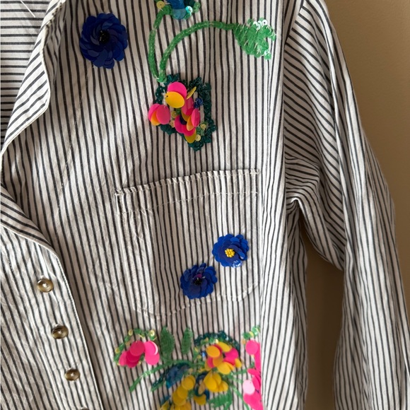 Anthropologie Maeve Floral Sequin Striped Cotton Button-down Shirt - 00 - Picture 5 of 7